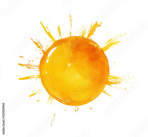 A bright yellow sun painted with textured oil paint, designed in a clip art style, standing out vividly against a clean white background for a bold and artistic look