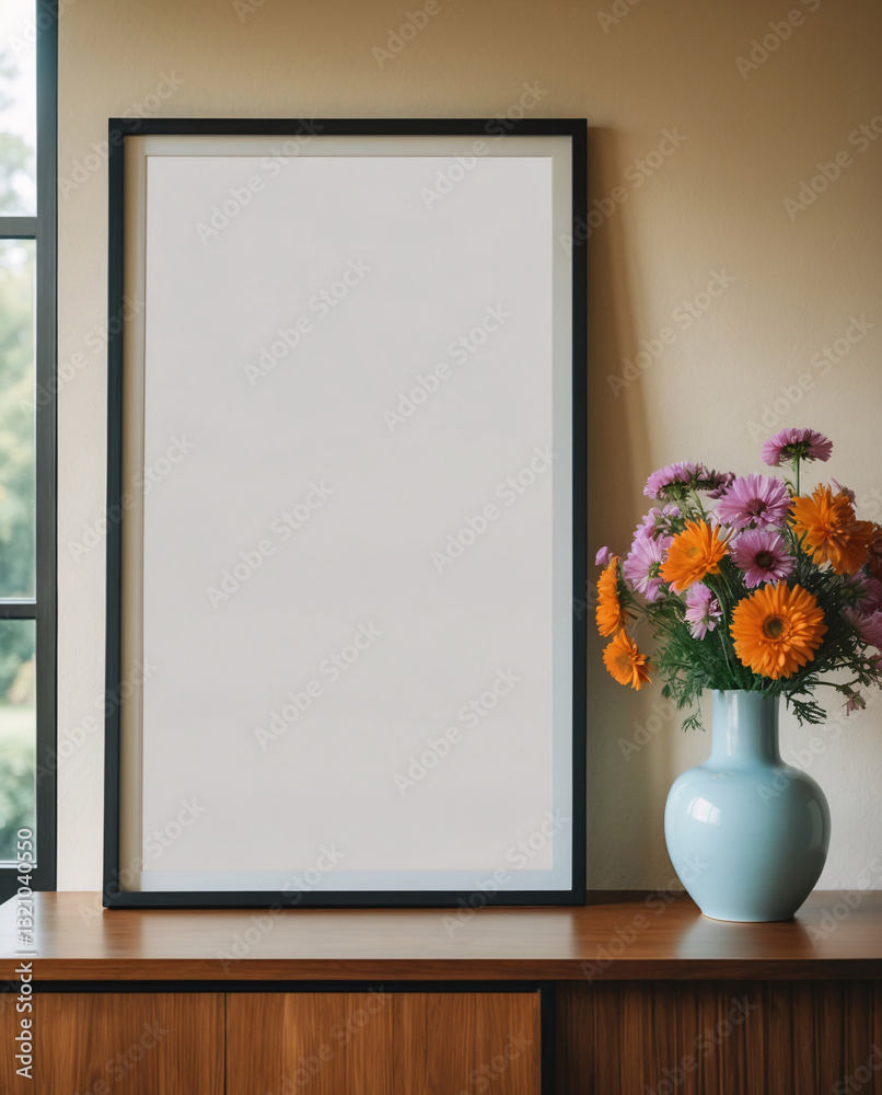 Bright and inviting interior design with a blank canvas placed on wooden furniture accompanied by a vase of wild flowers Interior design inspiration stock photo Bright and inviting interior design with a blank canvas placed on wooden furniture accompanied by a vase of wild flowers Interior design inspiration stock photo