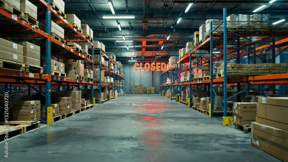Dynamic movement through modern warehouse aisles with illuminated signage and stacked goods under industrial lighting Dynamic movement through modern warehouse aisles with illuminated signage and stacked goods under industrial lighting