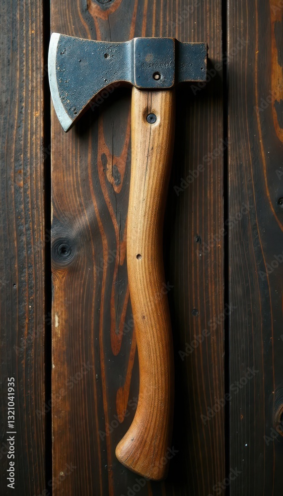 Aged axe head and worn wooden handle on aged wood surface , simple, rustic Aged axe head and worn wooden handle on aged wood surface , simple, rustic