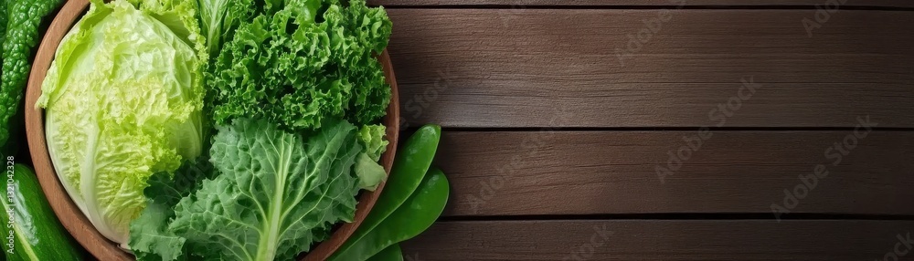 A vibrant assortment of fresh greens arranged in a wooden bowl, showcasing healthy food options on a rustic wooden background. A vibrant assortment of fresh greens arranged in a wooden bowl, showcasing healthy food options on a rustic wooden background.