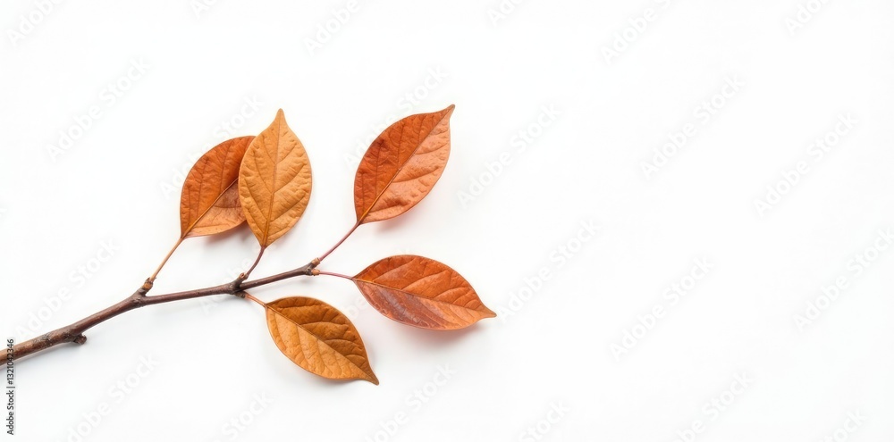 Fototapeta premium Single branch with brown leaves on a white background, branches, serene
