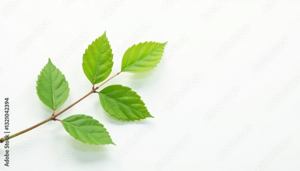 Single branch with delicate green leaves on a white background, minimalist, branches, white background Single branch with delicate green leaves on a white background, minimalist, branches, white background