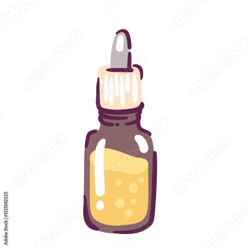 Essential oil cartoon bottle with dropper. Funny container with pipette and gold liquid of cosmetic serum, tincture or aroma essence. Aromatherapy mascot, cartoon herbal oil vector illustration