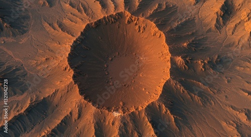 Aerial view of a volcanic crater at sunset, showcasing rugged terrain and dramatic lighting - mars surface images