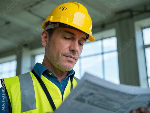 construction worker looking at a floor/building plan, standing in front of a large building site with wearing a hardhat and reflective vest.Work environment at the site of housing projects.