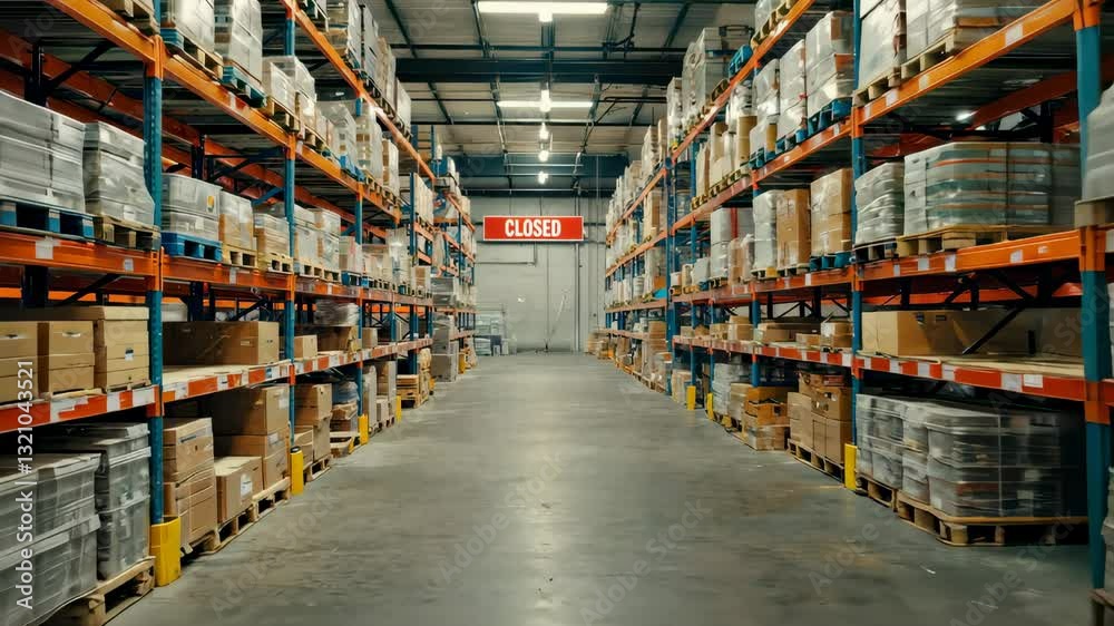 Warehouse aisle with stacked shelves and moving items showcasing closed storage and crisis logistics operations in a modern industrial facility Warehouse aisle with stacked shelves and moving items showcasing closed storage and crisis logistics operations in a modern industrial facility