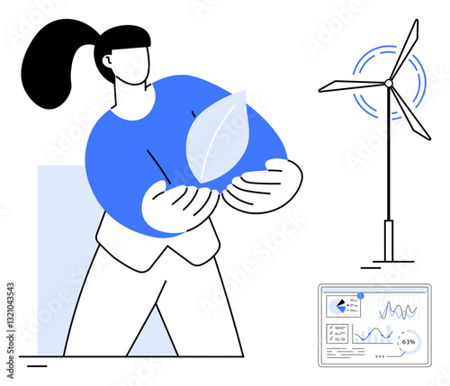 Woman holding a leaf symbolizing eco-consciousness beside a wind turbine and data analytics on screen. Ideal for sustainability, renewable energy, innovation, data insights, eco-technology