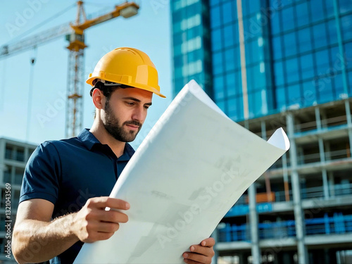construction worker looking at a floor plan, standing in front of a large building site with helmet and safety gear. Day time work safety check. Work environment at the site of housing projects.