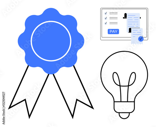 Blue award ribbon, checklist with PAY button beside receipts, and light bulb illustration. Ideal for success, payment processing, innovation, achievement, recognition, business solutions abstract