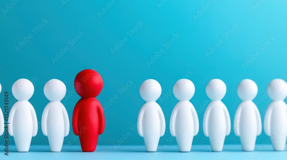 A bold red person distinctly standing out from a group of identical white individuals in a social setting A bold red person distinctly standing out from a group of identical white individuals in a social setting