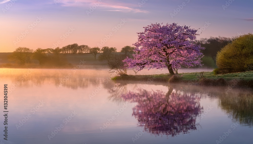 serene spring landscape with a blooming tree and a reflection on a lake serene spring landscape with a blooming tree and a reflection on a lake