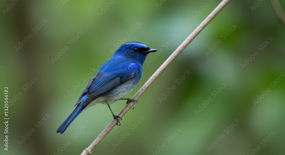 Vibrant blue bird perched on a slender branch in a lush green forest Vibrant blue bird perched on a slender branch in a lush green forest