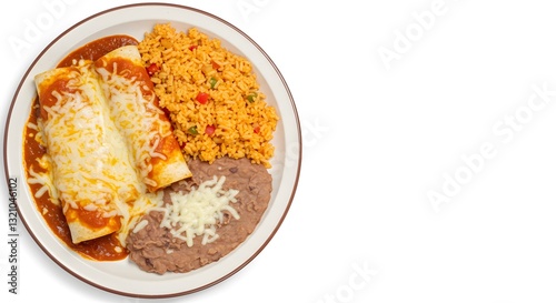 Enchiladas with Rice and Beans on a Plate, Plain White Background, HD Minimal PNG Style