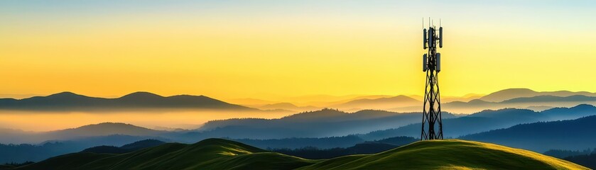 Foto auf Acrylglas Gelb Majestic mountain landscape featuring a communication cell tower against a clear blue sky in a scenic outdoor setting  © taweesak