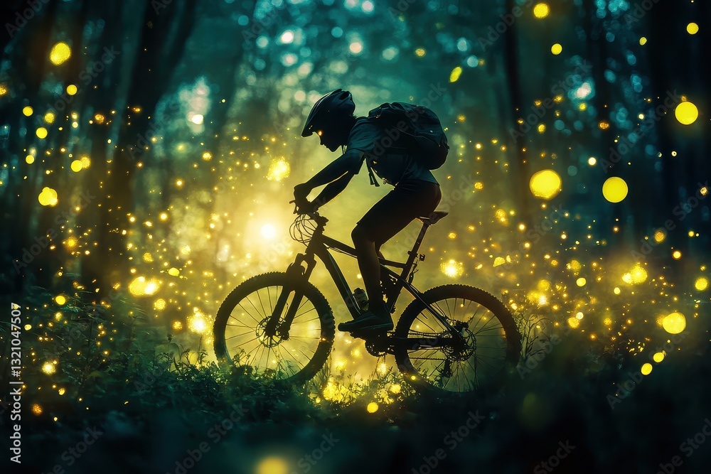 Fototapeta premium Silhouette of Biker in Forest with Magical Glowing Lights Effect