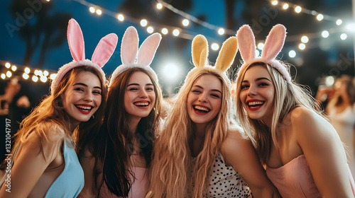 Group of friends wearing bunny ears and pastel clothes, dancing under string lights at an evening spring party.