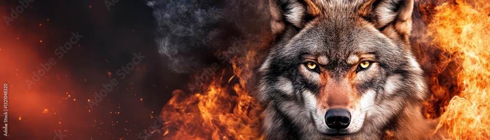 Majestic wolf surrounded by intense flames capturing the power and mystery of wildlife in a dramatic setting Majestic wolf surrounded by intense flames capturing the power and mystery of wildlife in a dramatic setting
