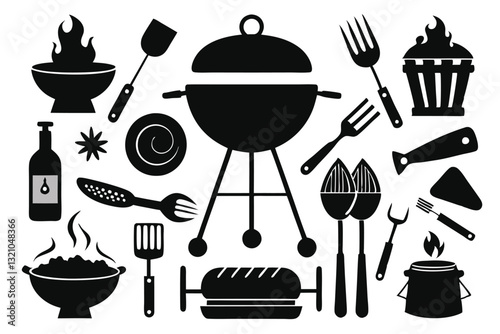 BBQ unique design icons bundle silhouette vector image with Car Grill white background