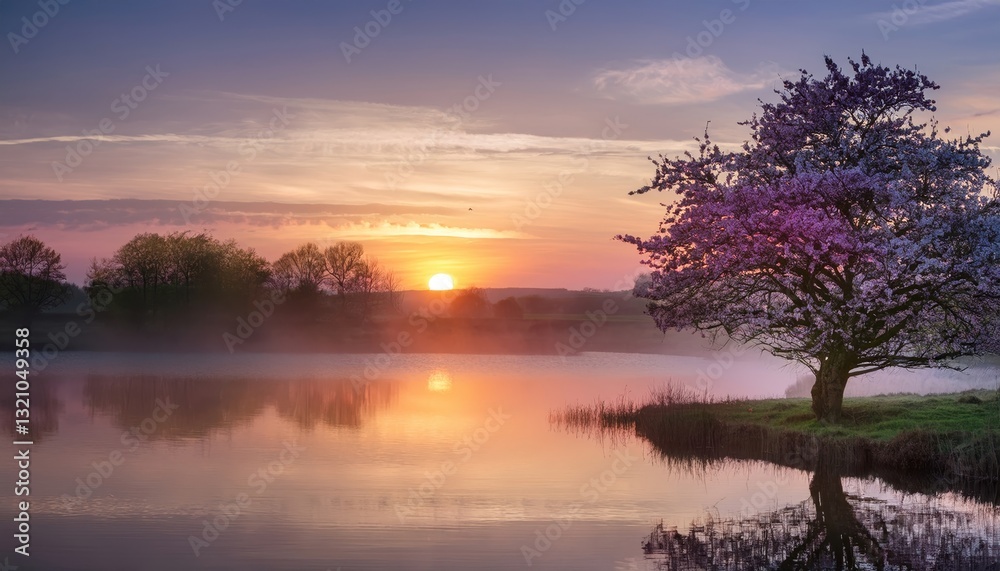 Fototapeta premium serene spring landscape with a blooming tree and a reflection on a lake
