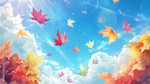 Vibrant Autumn Outdoor Background with Falling Leaves and Blue Sky