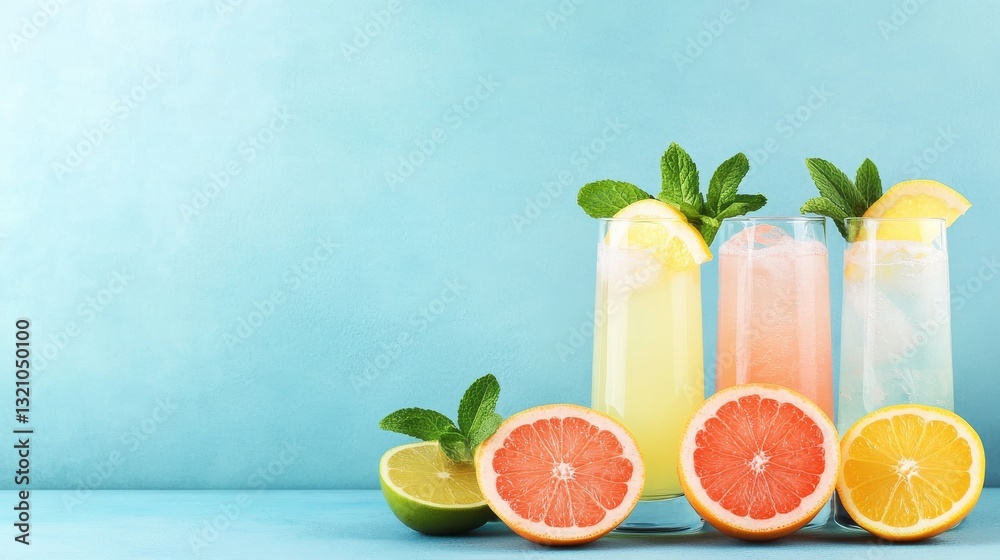 Fototapeta premium Colorful drinks with citrus fruits and mint leaves against a blue background, perfect for a refreshing summer vibe.