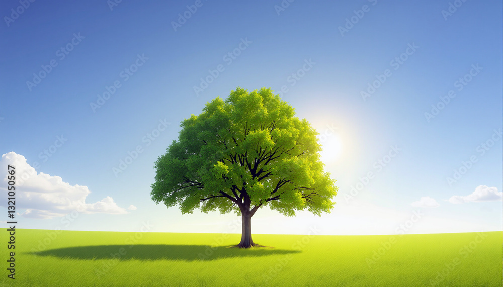 Fototapeta premium A single, majestic tree stands in the middle of a vibrant green field under a clear blue sky