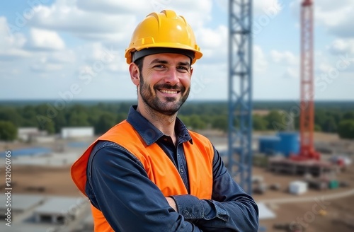 A modern banner with a close-up photo of a man in a protective helmet at a construction site. There is an empty space for the text. It is ideal for advertising real estate and building materials. photo