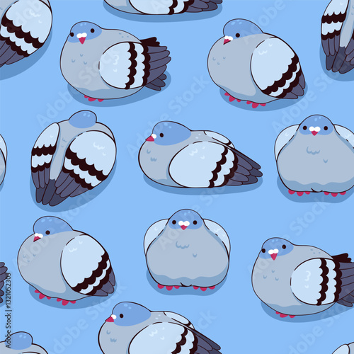 Seamless pattern with cute fat fluffy pigeons. Vector graphics.