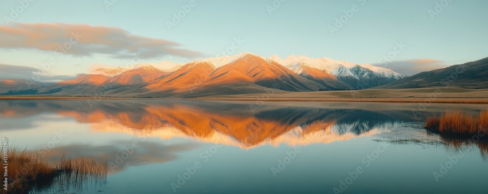 Fototapeta premium Tranquil mountain lake at sunrise with snow-capped peaks and reflective water