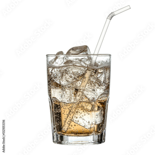 Refreshing carbonated drink with ice cubes and straw in glass. Perfect for hot days or celebrations, this beverage offers fizzy and enjoyable experience