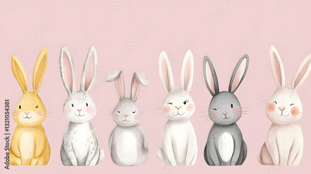 Fototapeta premium Hand-drawn pastel Easter bunnies with joyful expressions, perfect for seasonal illustrations.