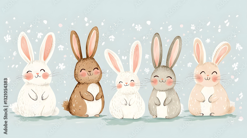 Obraz premium Hand-drawn pastel Easter bunnies with joyful expressions, perfect for seasonal illustrations.