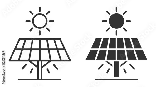 Solar panel icon with a sun and light rays.