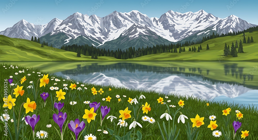 Fototapeta premium Lakeside Meadow with Spring Flowers and Snow-capped Mountain Peaks