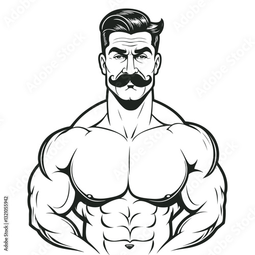 Vector illustration of a muscular man with a handlebar mustache and stylish hair. a strong male figure with well-defined chest and abdominal muscles in a minimalist line art style.