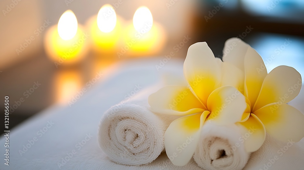 Spa treatment preparation with rolled towels, frangipani flowers, and candles Spa treatment preparation with rolled towels, frangipani flowers, and candles
