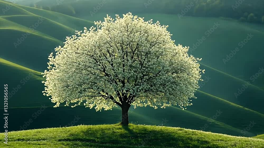 Blooming tree on rolling green hills under soft sunlight in spring