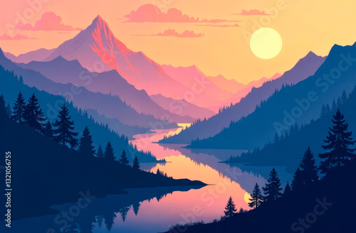Flat illustration of a mountain landscape with trees. A minimalist and modern nature scene, perfect for wallpapers, posters, web design, and branding. Clean art with soft colors and simple shapes.