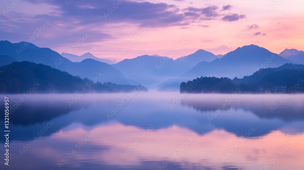 Fototapeta premium Serene View of Misty Mountains Reflecting in Lake Waters - Nature Landscape Photography