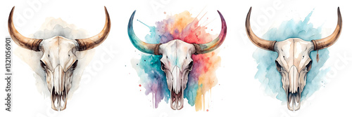 set of watercolor illustration: bull skull head isolated on white or transparent background, png