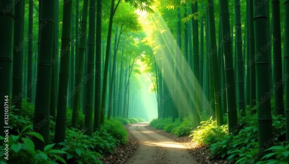 Naklejka premium Dense bamboo grove, deep shadows, vibrant greens , background, environment