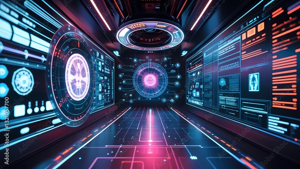 Obraz premium Futuristic Holographic Interface with AI-Driven Data Visualization