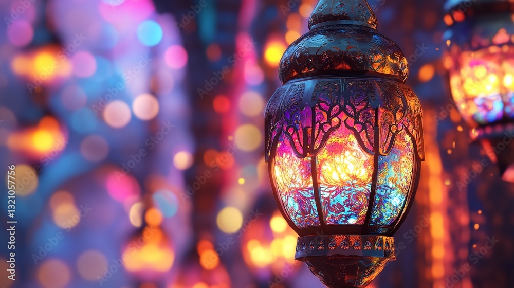 Portrait of a beautiful, smiling brunette woman in a colorful dress, at an outdoor restaurant with a blurred background and bokeh lights, generative ... See More