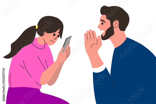 Parent tries to talk to his daughter and she is on her phone, parent talking to child, conversation about behavior. Vector illustration.