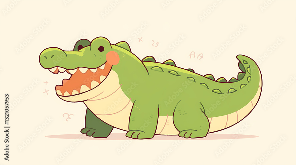 Cute cartoon crocodile character smiling joyfully, set against a simple light background, ideal for children's media Cute cartoon crocodile character smiling joyfully, set against a simple light background, ideal for children's media