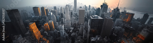Aerial View of Skyscraper Skyline in Metropolis at Dawn with Urban Planning and Architecture Highlights
