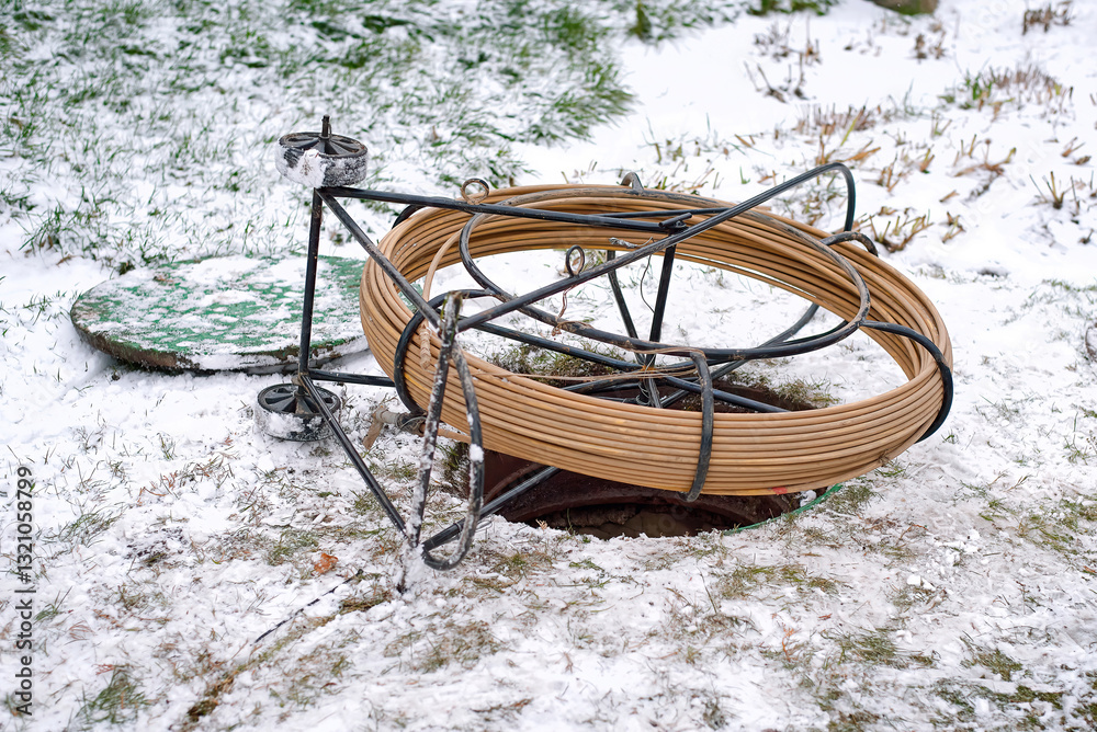 Fiber optic cable spool for underground internet installation in winter conditions with snow covered ground and open manhole in telecommunications infrastructure project. Selective focus