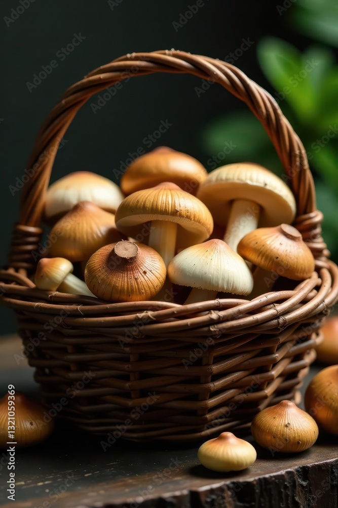 Rustic woven basket overflowing with various mushrooms , brown, shiitake Rustic woven basket overflowing with various mushrooms , brown, shiitake