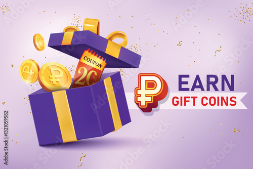 Gift Box Filled With Russian Ruble Gold Coins And 20% Off Discount Coupon. Vector Illustration Concept for Discount Sale, Shopping Save, Cashback Rewards